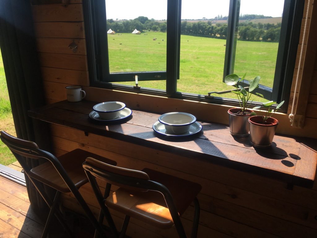The view from the breakfast bar at Pete's Field camping cabin